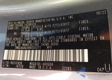 2022 Toyota Corolla Cross Le z USA, uszkodzony, nr VIN 7MUCAAAG4NV034271